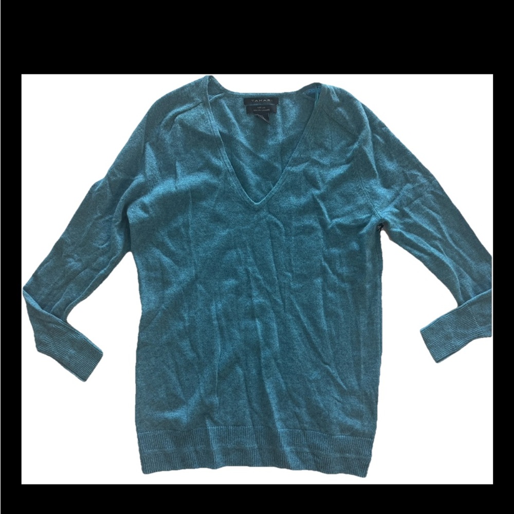 Tahari S Sweater Blue Cashmere V Neck Long Sleeve Soft S Long Sleeve Pullover